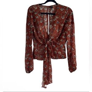 Windsor Floral Rust Orange Sheer Tie Front Flowy Blouse Flower Top Small EUC